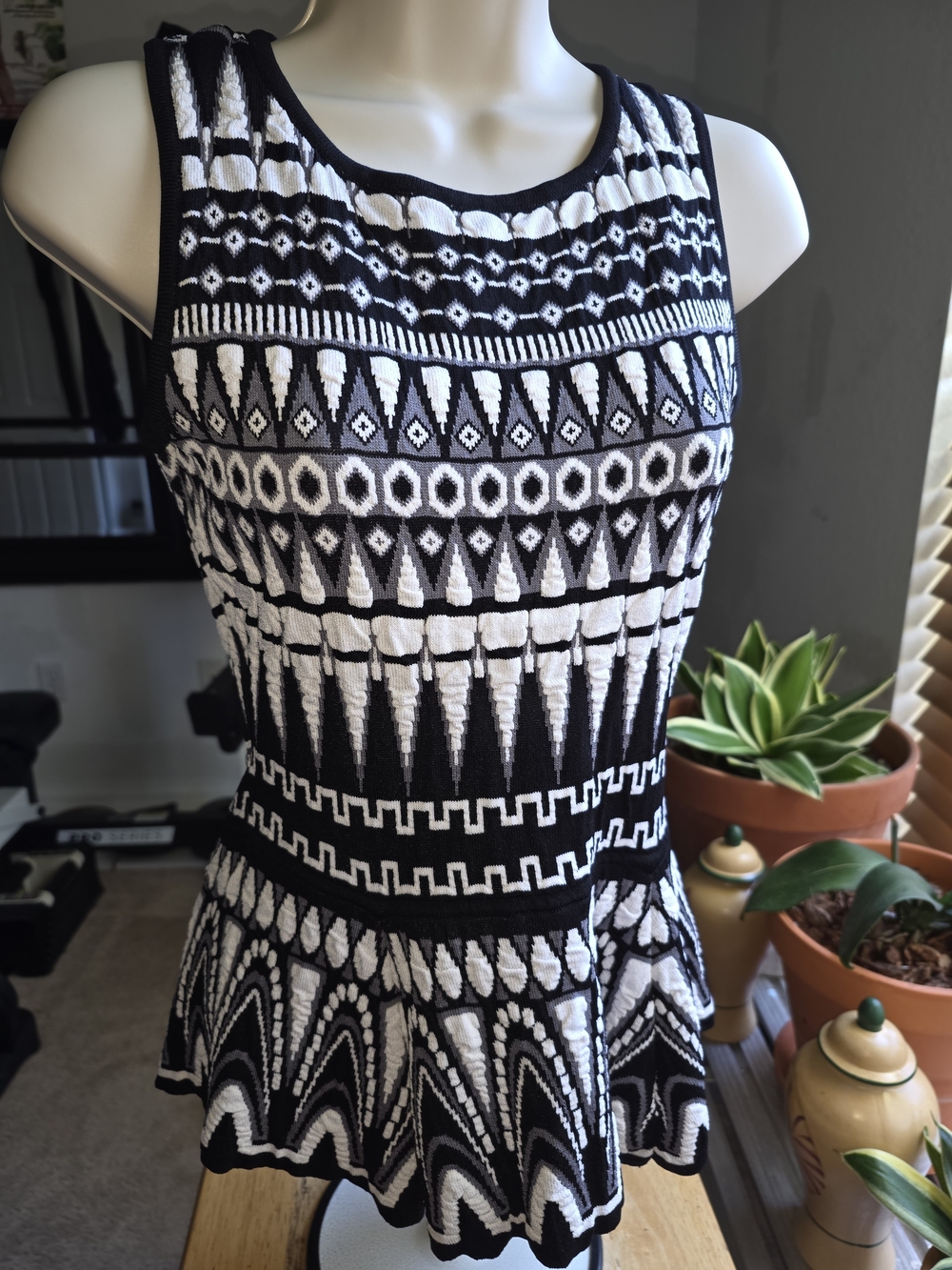 Milly Black & White Geometric Knit Peplum Top